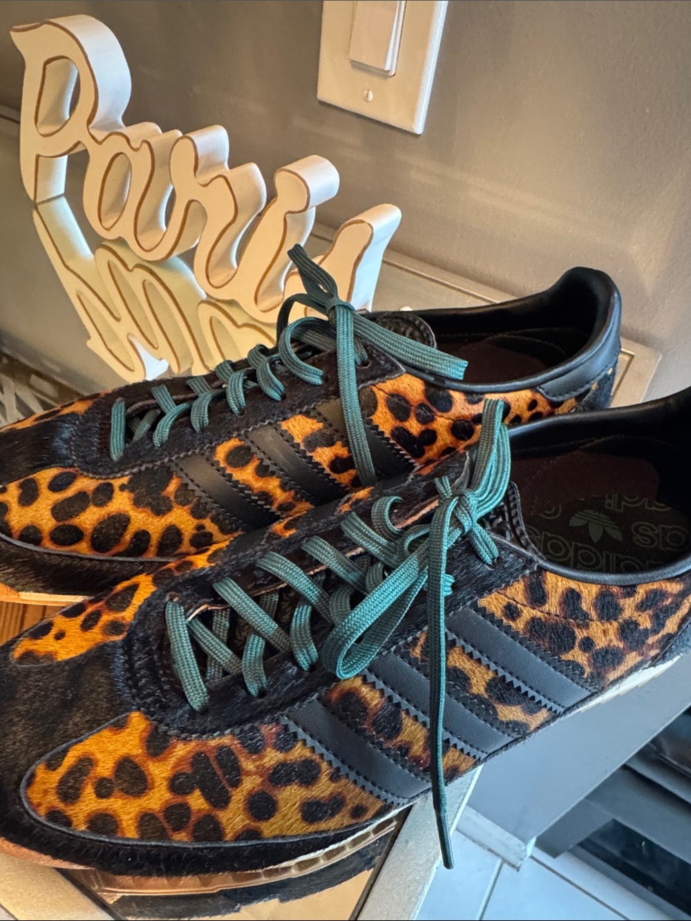 Adidas Leopard Calf Hair Sneakers with Black Stripes and Green Laces